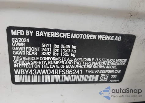 2024 BMW I4 Gran Coupe Edrive35 z USA, uszkodzony, nr VIN WBY43AW04RFS86241